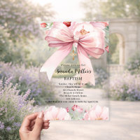 Pink bow cream florals girl clear Baptism