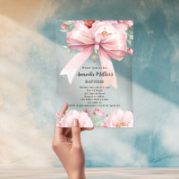 Pink bow cream florals girl clear Baptism