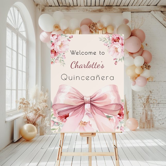 Pink bow cream florals Quinceanera welcome Foam Board (Creator Uploaded)