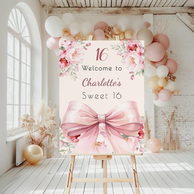 Pink bow cream florals Sweet 16 welcome Foam Board (Creator Uploaded)