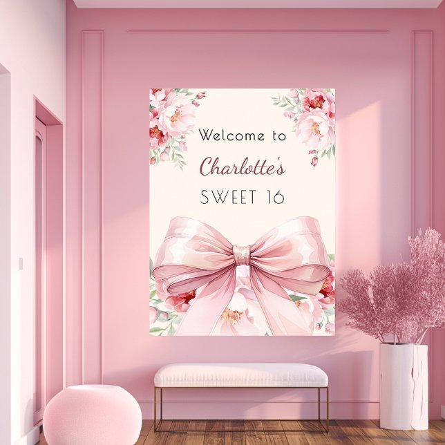 Pink bow cream florals Sweet 16 welcome Poster (Creator Uploaded)
