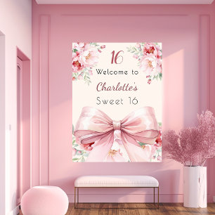 Pink bow cream florals Sweet 16 welcome Poster