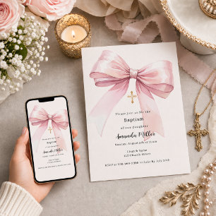 Pink bow cream girl Baptism Invitation