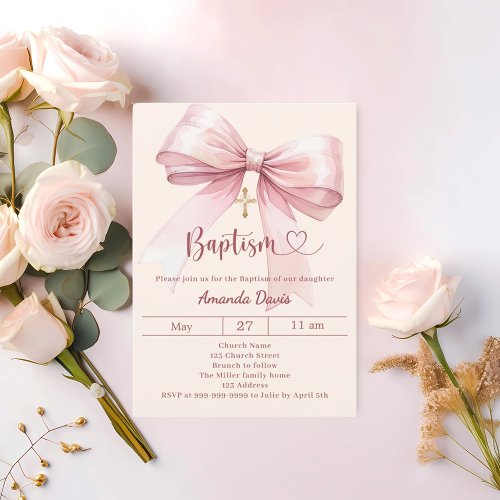 Pink bow cream girl elegant Baptism