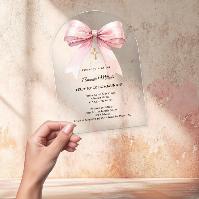 Pink bow cream girl First Communion arch Acrylic Invitations (Creator Uploaded)