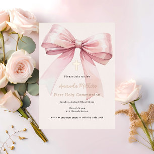 Pink bow cream girl First Communion Foil Invitation