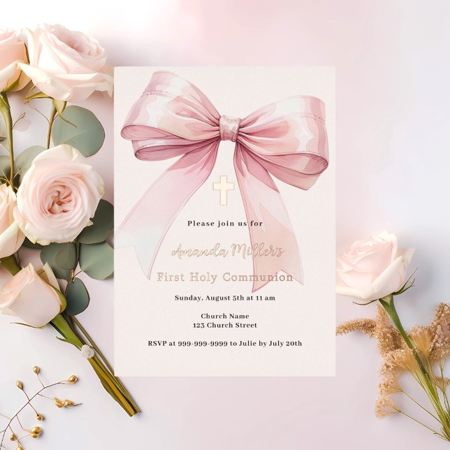Pink bow cream girl First Communion Foil Invitation (Creator Uploaded)