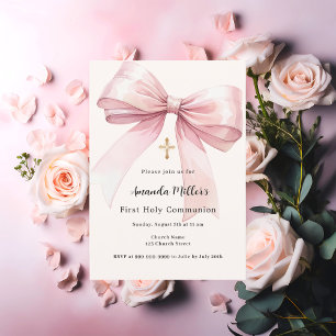 Pink bow cream girl First Communion Invitation
