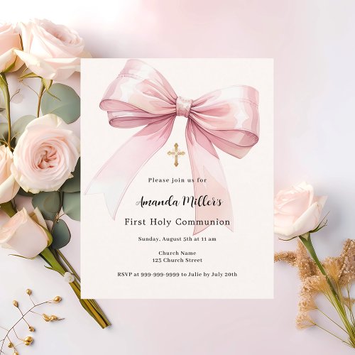 Pink bow cream girl First Communion invitation