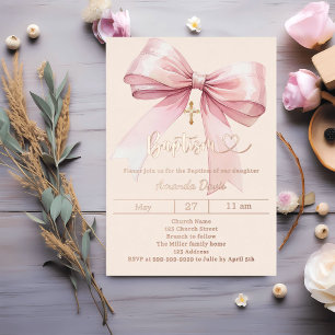 Pink bow cream girl luxury Baptism rose gold Foil Invitation