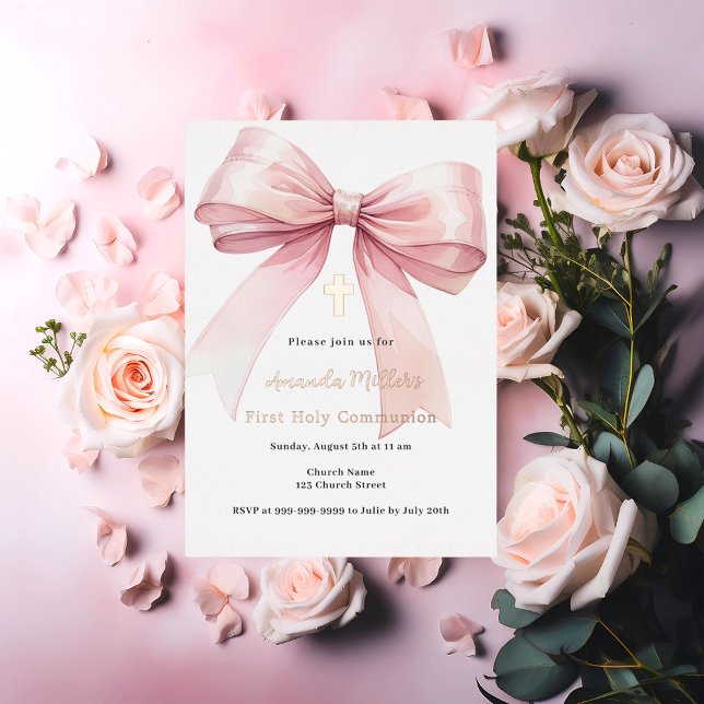 Pink bow cream girl rose gold First Communion Foil Invitation (Creator Uploaded)