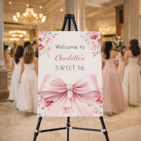 Pink bow cream ivory florals Sweet 16 welcome