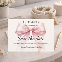Pink bow cream Quinceanera Save the Date card