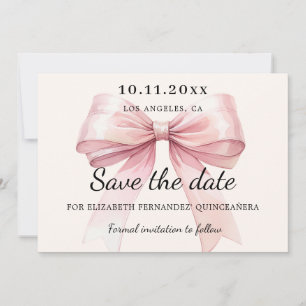 Pink bow cream Quinceanera Save the Date card