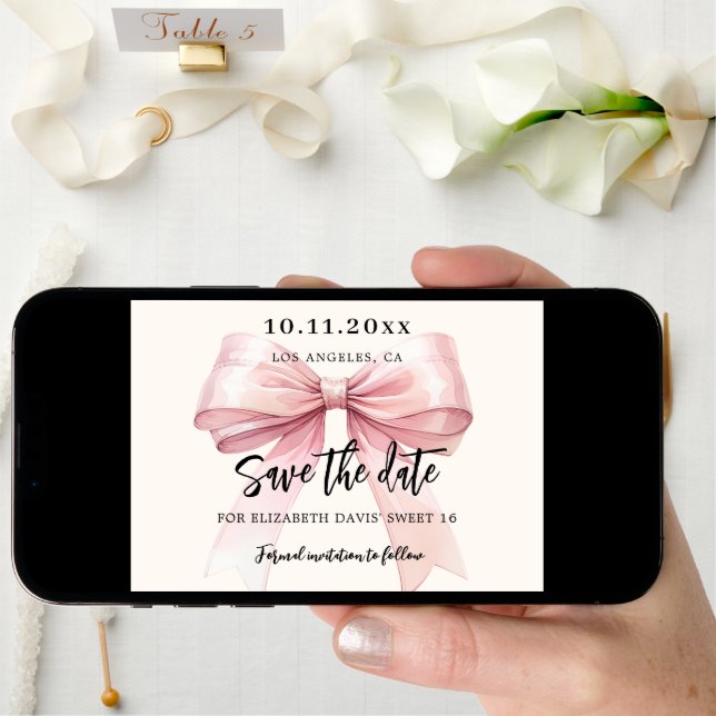 Pink bow cream Sweet 16 Save the Date card (Front Digital)