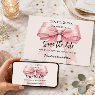 Pink bow cream Sweet 16 Save the Date card