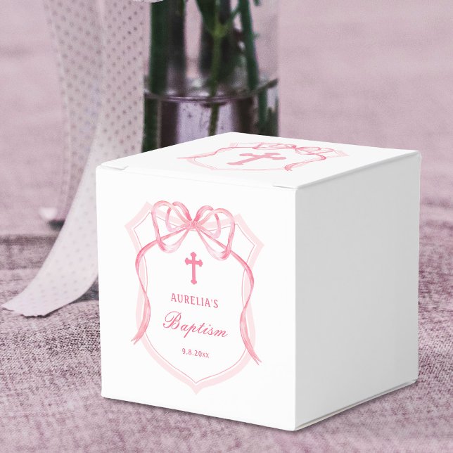 Pink Bow Crest Baptism Cube Favor Boxes (Creator Uploaded)