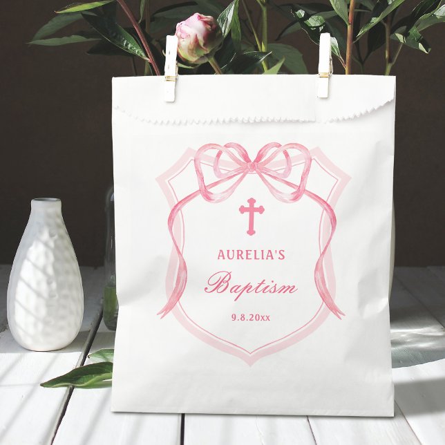 Pink Bow Crest Baptism Favor Bag (Creator Uploaded)