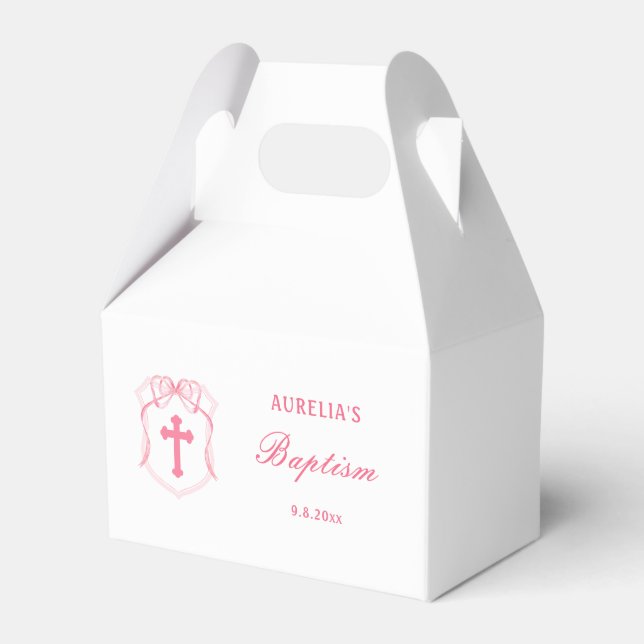 Pink Bow Crest Baptism Gable Favor Boxes (Front Side)
