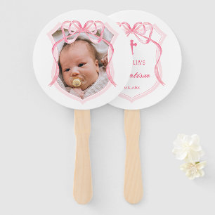 Pink Bow Crest Baptism Hand Fan