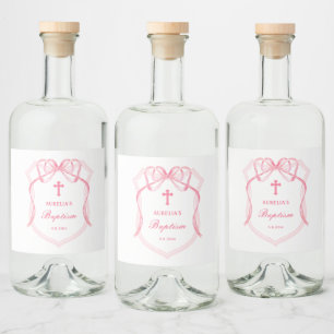 Pink Bow Crest Baptism Liquor Bottle Label