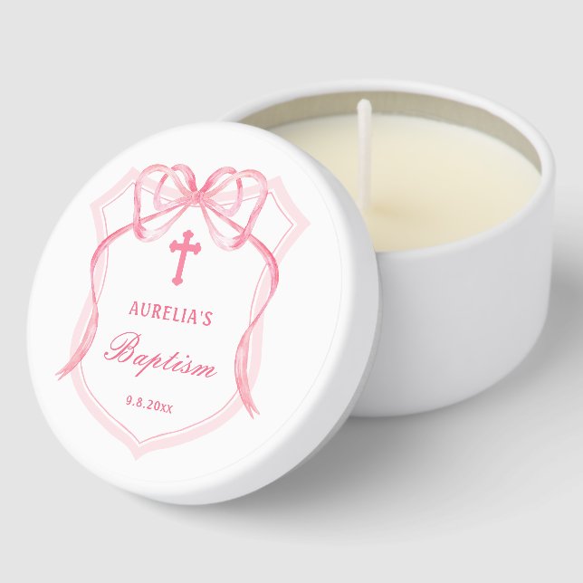 Pink Bow Crest Baptism Mini Candle Favors (Corner)