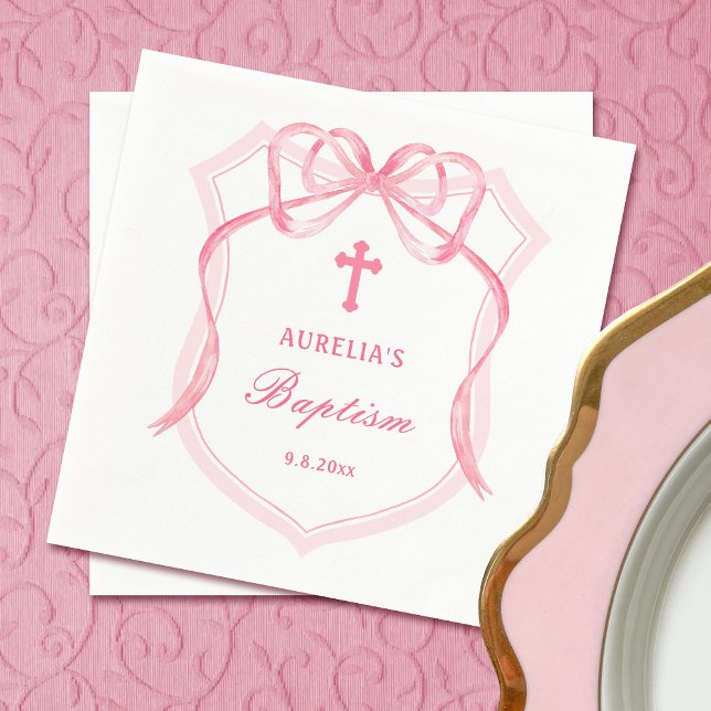 Pink Bow Crest Baptism Napkins (Creator Uploaded)