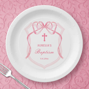 Pink Bow Crest Baptism Paper Plates