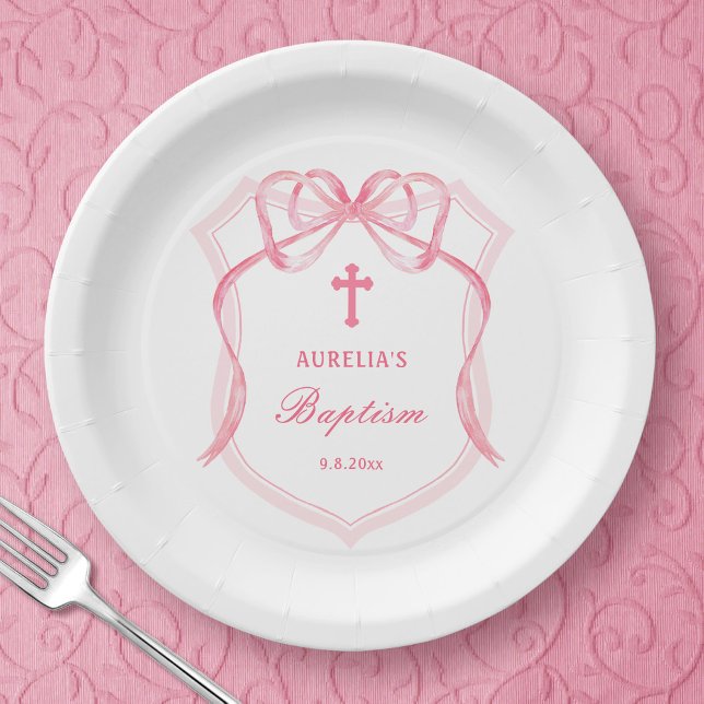 Pink Bow Crest Baptism Paper Plates (Creator Uploaded)