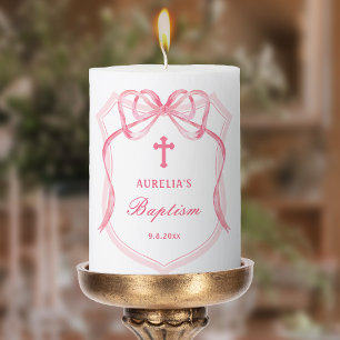Pink Bow Crest Baptism Pillar Candle
