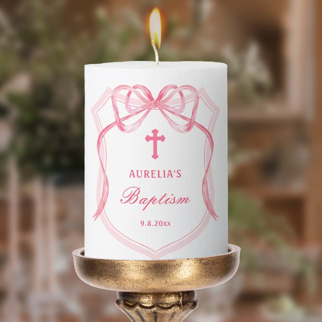 Pink Bow Crest Baptism Pillar Candle (Creator Uploaded)