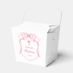 Pink Bow Crest Baptism Take Out Favor Boxes