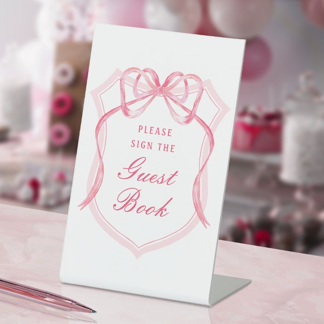 Pink Bow Crest Guest Book Pedestal Sign (Creator Uploaded)