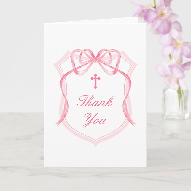 Pink Bow Crest Holy Cross Religious Thank You Card (Orchid)