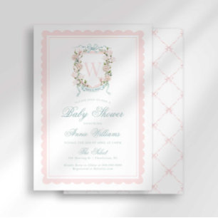 Pink Bow Crest Monogram Baby Shower Invitation