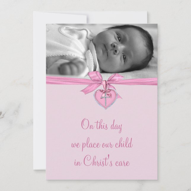 Pink Bow Cross Baby Girl Photo Christening Invitation (Front)