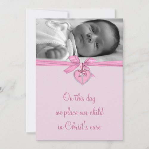 Pink Bow Cross Baby Girl Photo Christening Invitation