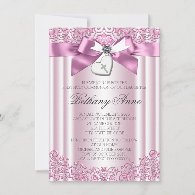 Pink Bow Cross First Communion Invitation (Front)