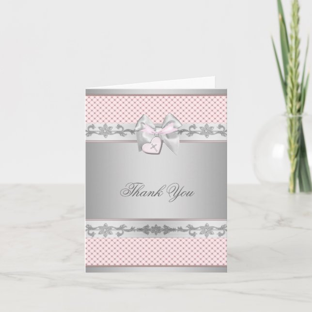 Pink Bow Cross Girls Baptism Christening Thank You (Front)
