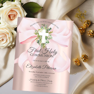 Pink Bow Cross Leaves First Holy Communion  Invitation