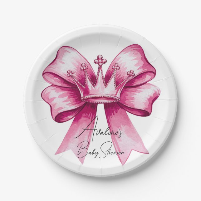 Pink Bow & Crown Baby Shower Celebration  Paper Plates (Front)