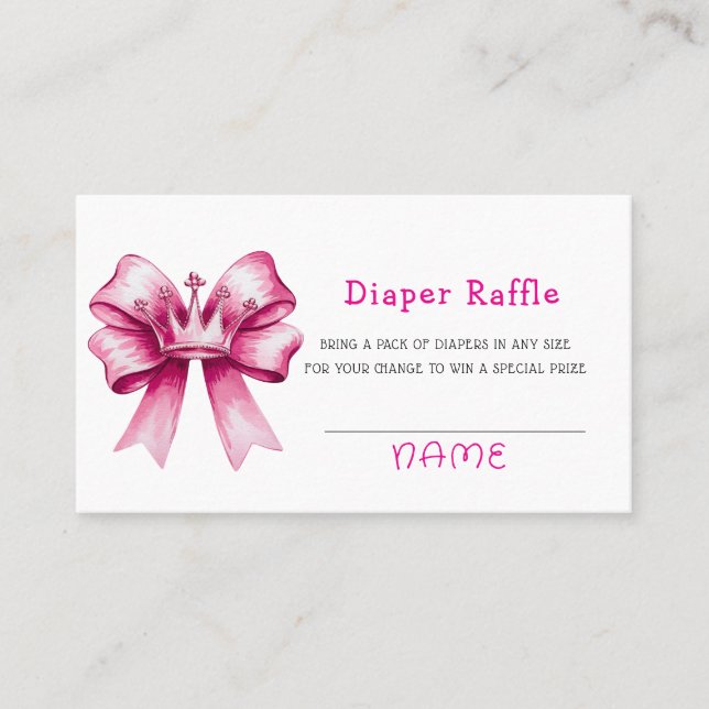 Pink Bow & Crown Baby Shower Diaper Raffle Business Card (Front)