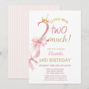 Pink Bow Crown Flowers Striped 2nd Birthday  Invitation