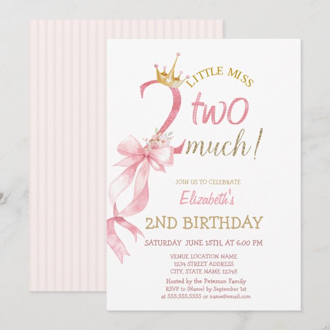Pink Bow Crown Flowers Striped 2nd Birthday  Invitation (Front/Back)