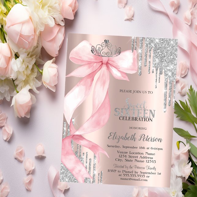 Pink Bow Crown Glitter Drips Rose Gold Sweet 16 Invitation (Creator Uploaded)