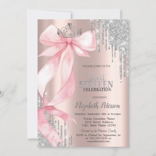 Pink Bow Crown Glitter Drips Rose Gold Sweet 16