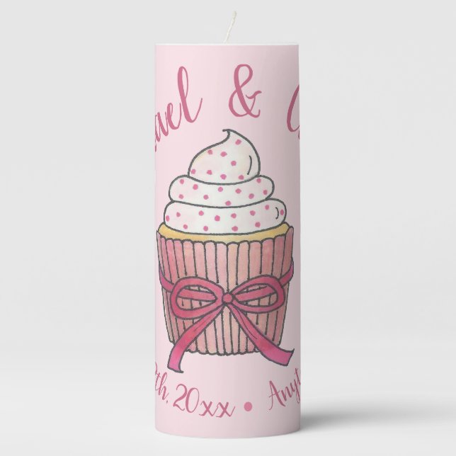 Pink Bow Cupcake Love Cake Wedding Centerpiece Pillar Candle (Front)