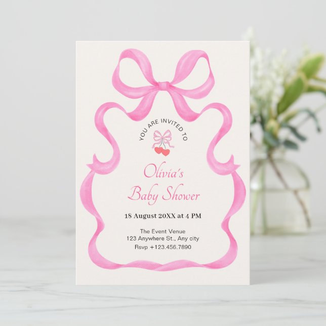 Pink bow cute baby shower invitation (Standing Front)