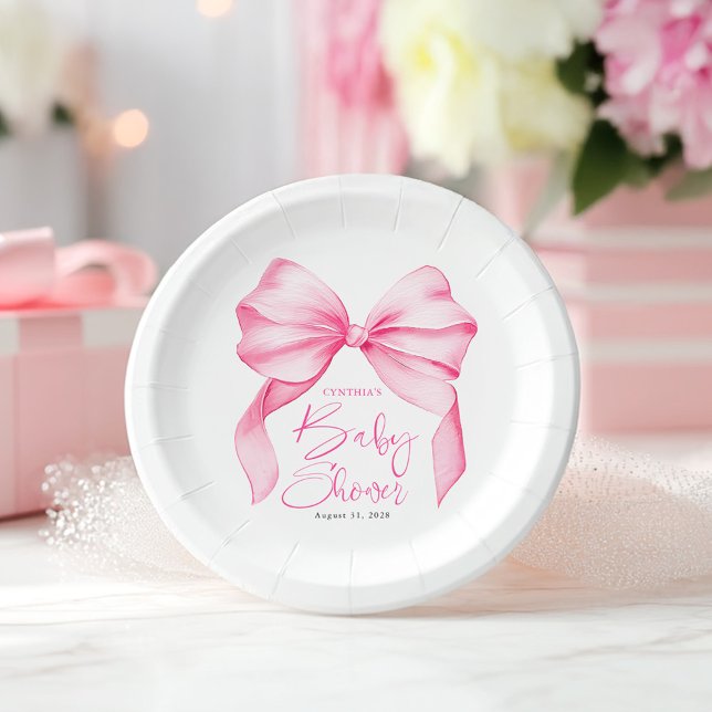 Pink Bow Cute Baby Shower Paper Plates (Pink Bow Paper Plates)