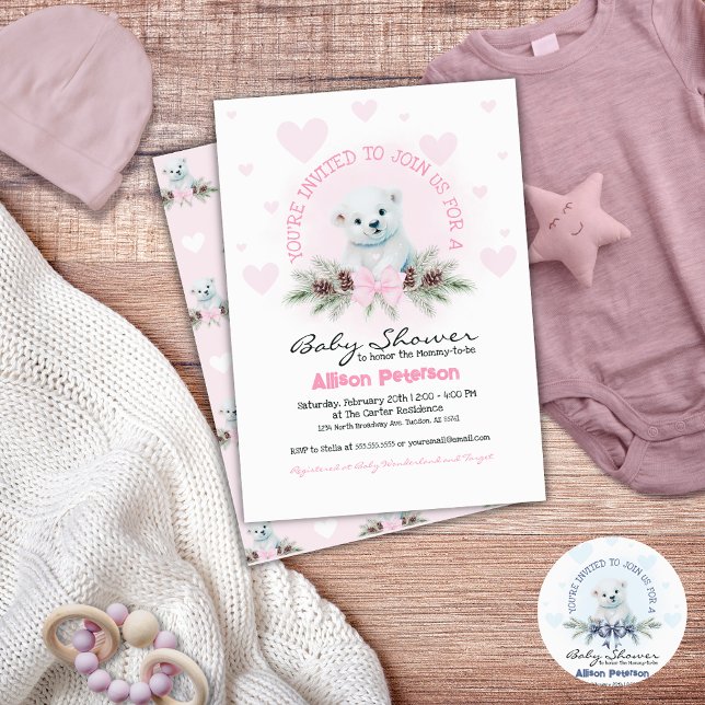 Pink Bow Cute Bear Cub Winter Girl Baby Shower Invitation (Cute baby girl baby shower invitation for winter)